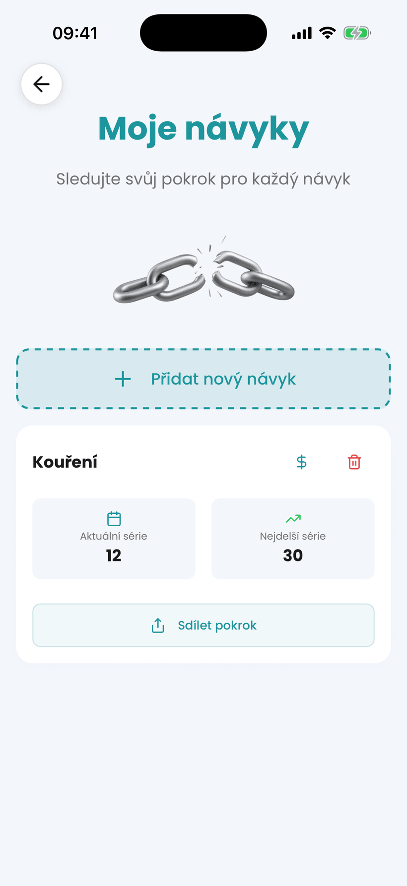 Aplikace Amana — nástroj pro sledování návyků pro odvykání tabáku s pruhy a úsporami