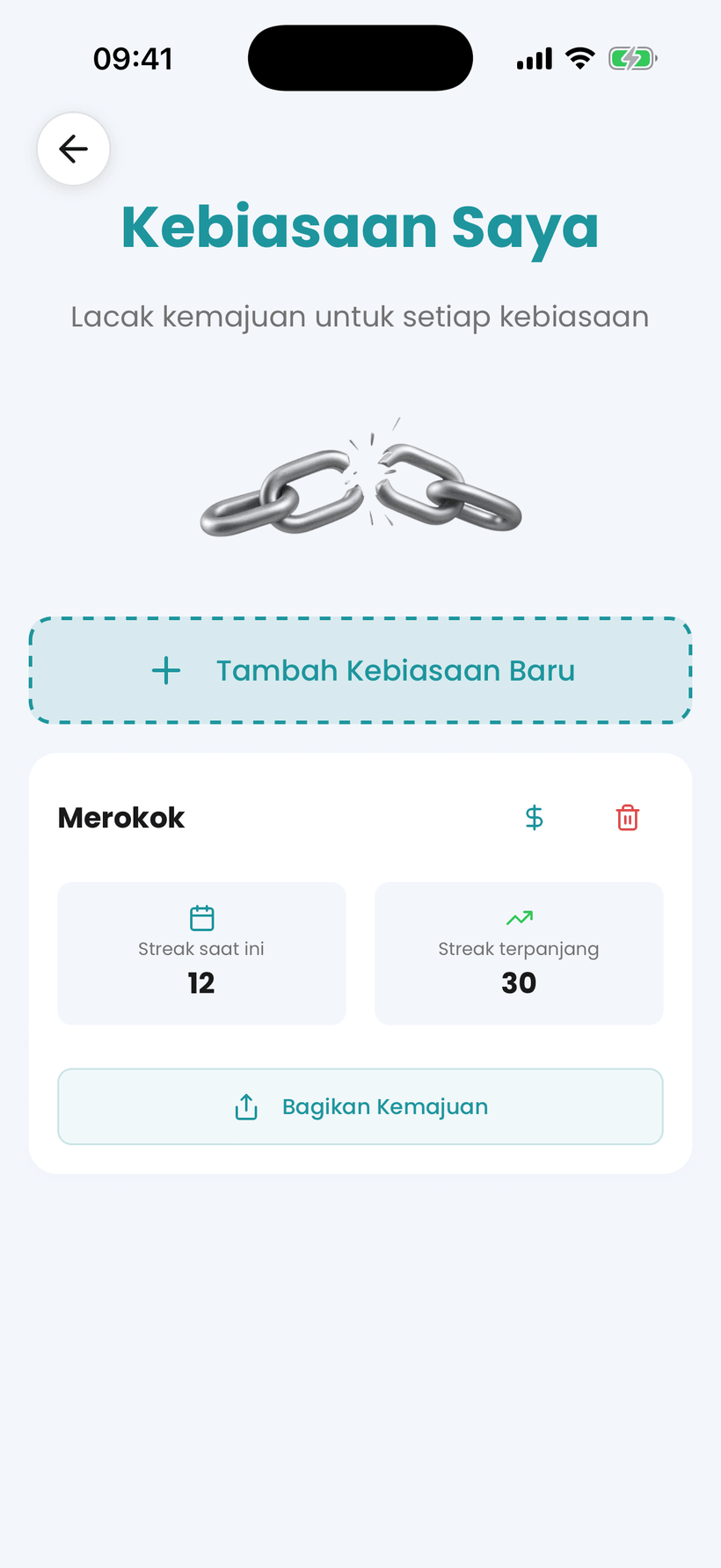 Aplikasi Amana - pelacak kebiasaan untuk berhenti merokok, dengan coretan dan tabungan