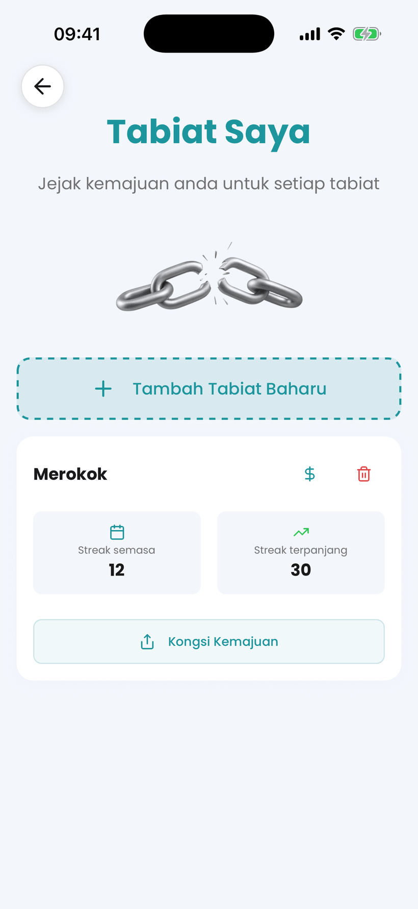 Apl Amana — penjejak tabiat untuk berhenti merokok, dengan coretan dan penjimatan