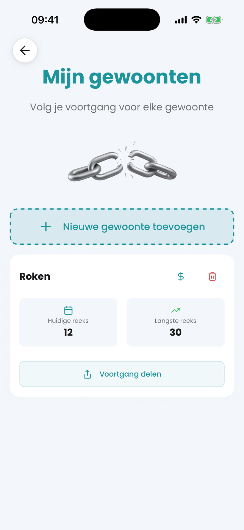 Amana-app - gewoonte-tracker voor het stoppen met roken, met strepen en besparingen