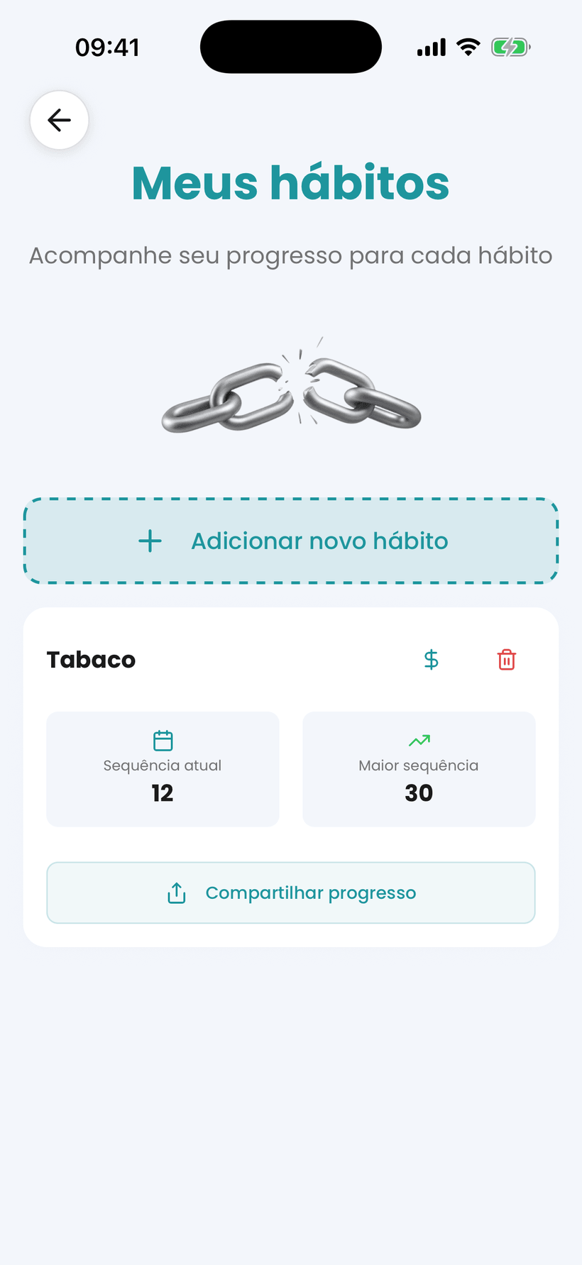 Aplicativo Amana – rastreador de hábitos para parar de fumar, com sequências e economias