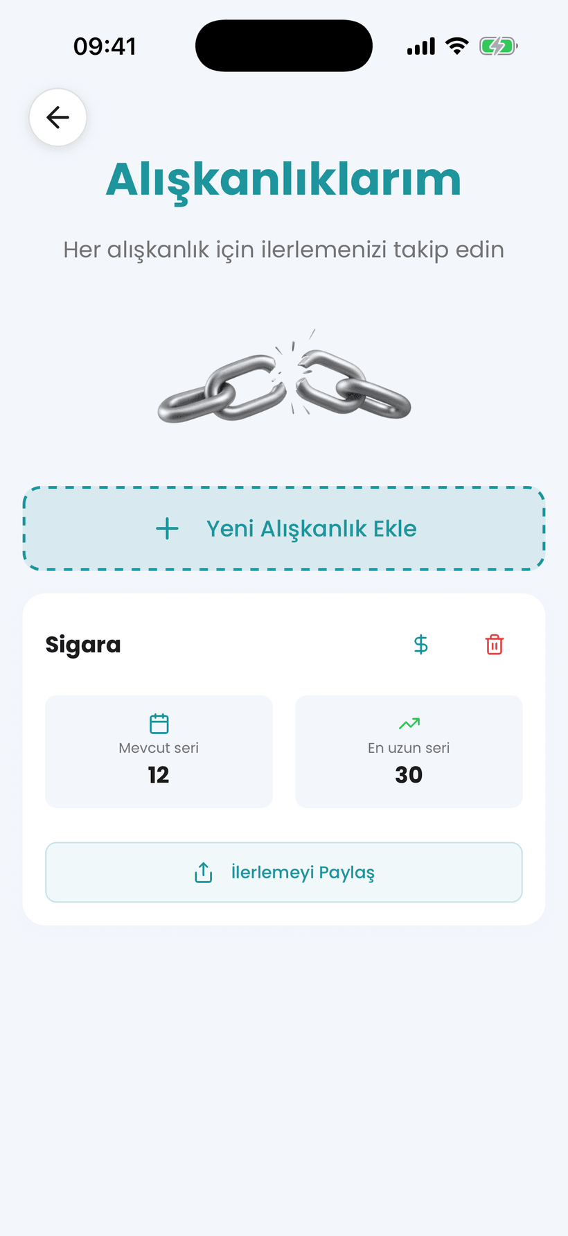 Amana uygulaması — sigarayı bırakmak için alışkanlık takibi, seriler ve tasarruflar