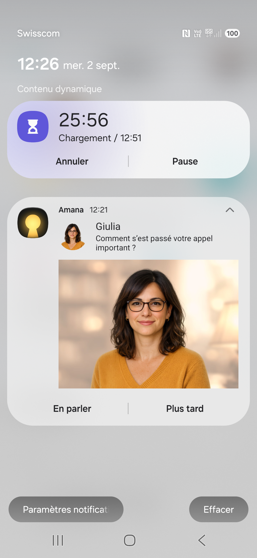 Capture réelle d’une notification contextuelle AMANA sur Android, envoyée par Giulia à Olivier après son appel important, avec les actions En parler et Plus tard